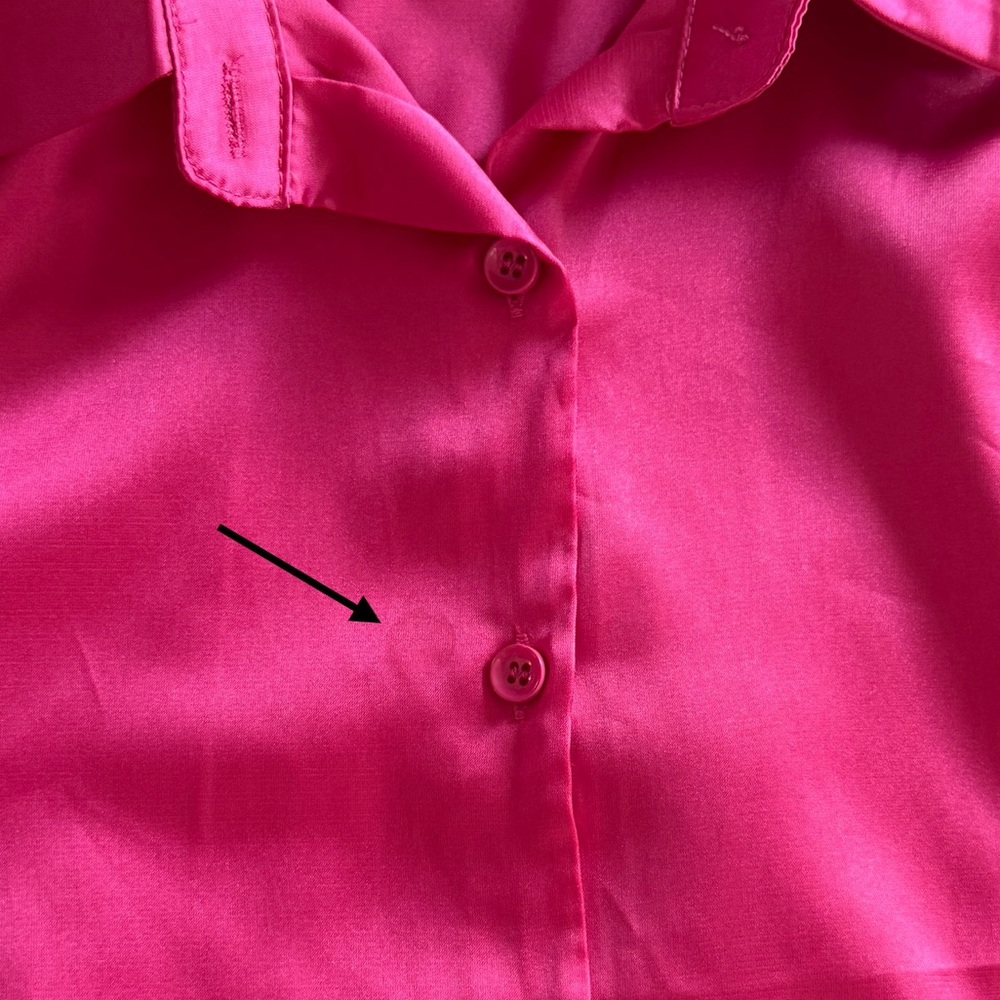 Satin Fuchsia Button-Up Women's Top Long Sleeve size Medium Hot Pink collar - Picture 6 of 6